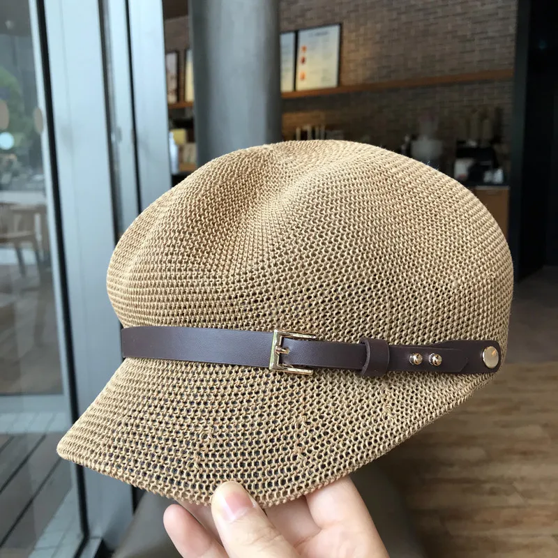 2021  Octagonal Cap Straw Women Summer Thin Newsboy Cap Painter Adjustable Rope Knitted Beret Mesh Breathable Beach straw hat