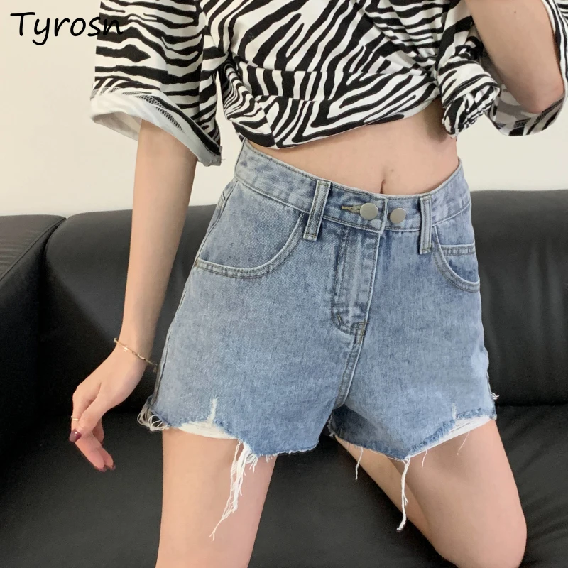 

Women Shorts Denim Holes Solid Vintage Hot Design Fur-lined Slim High Waist Ripped All-match Ulzzang Trousers Mujer Daily Summer