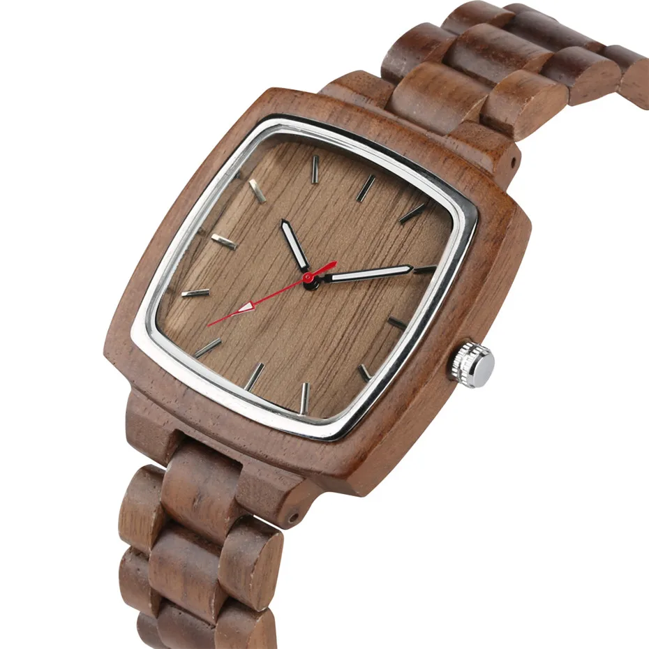 Luxury Coffee Brown Walnut Wooden Men Watches Quartz Movement Simple Square Dial Stylish Men's Wood Bangle Male Timepiece