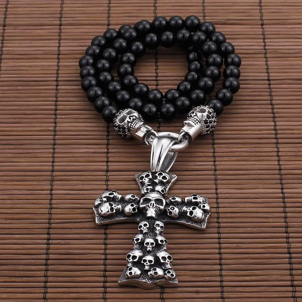 Fongten Cross Skull Charm Pendant Necklace For Men Stainless Steel Glass Beads Chain Long Necklaces Men Gothic Skeleton Jewelry