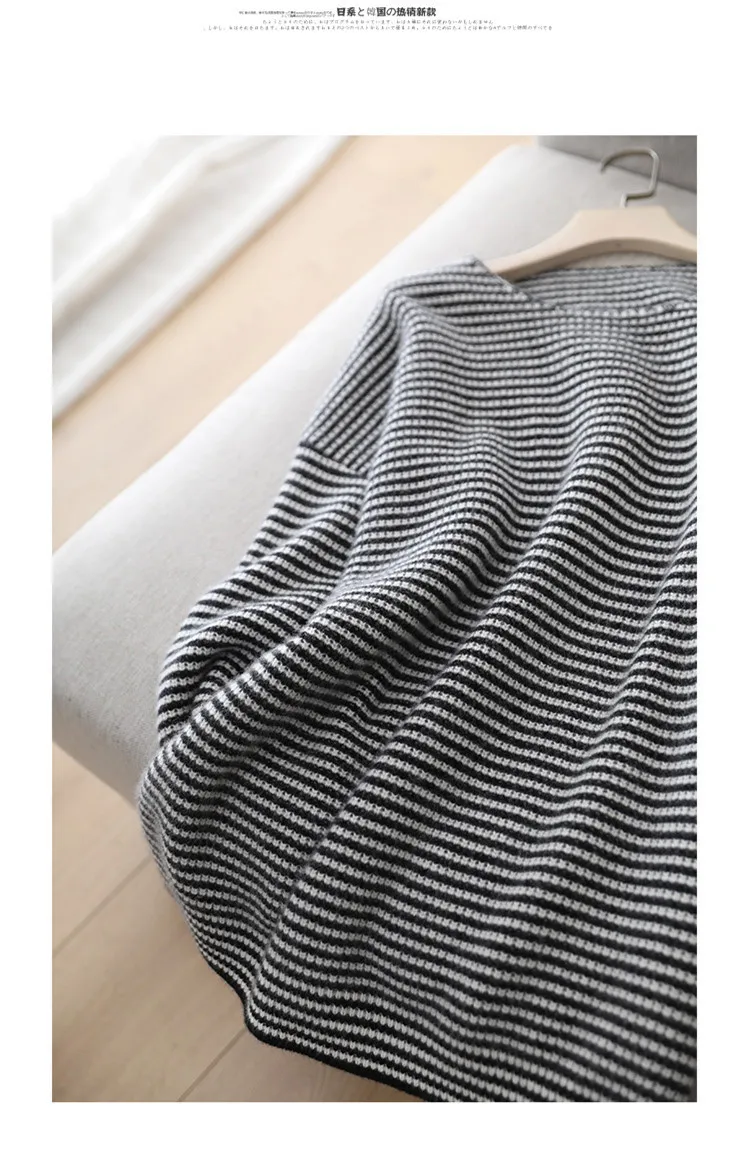 2020 Autumn and Winter Striped Pure Sweater Women O-Neck Pullover Cashmere Sweater Loose Knitted Base Shirt Large Size