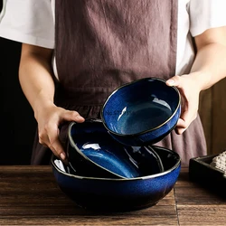 1Pcs Ceramic Salad Bowl Japanese  Ceramic Bowl Underglaze Color Soup Noodle Bowl Fruit Dessert Bowl Kiln Big Bowl