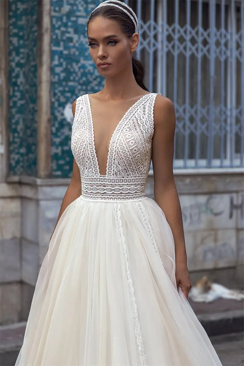 Mágica awn vestidos de noiva leve, roupão de casamento de tule com costas abertas, linha a, champanhe, boho