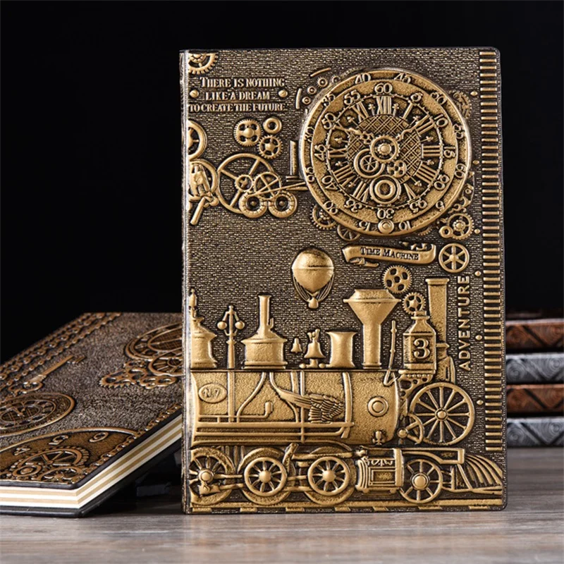 A5 Retro Notebook 3D Steampunk Engraving Effect Journal PU Travel Note Book Train Printing Decoration Diary Exquisite Book Gift