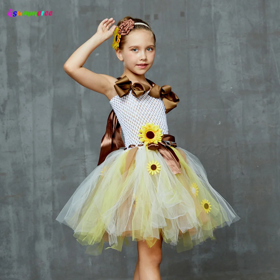 Autumn Sunflower Girls Tutu Dress with Matching Headband Fall Fairy Birthday Dress up Outfit Kids Flower Bows Tulle Dress