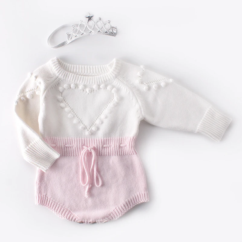 Engepapa Handmade Love Knitting Long Sleeve Clothes Spring Autumn Toddler Baby Girl Knitting Romper Newborn Baby Girls Jumpsuit