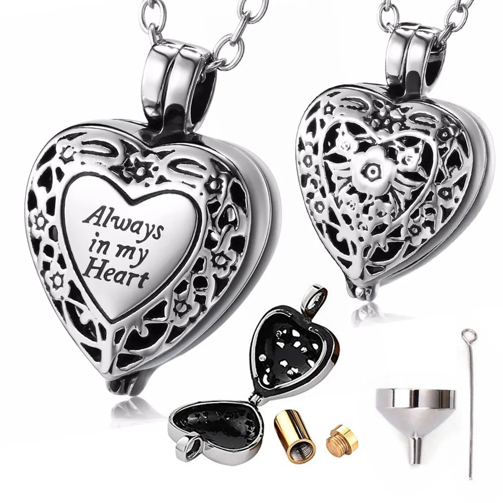 Invisible Vial Cremation Jewelry for Ashes Stainless Steel Always  In My Heart Keepsake Memorial Pendant Urn Necklace