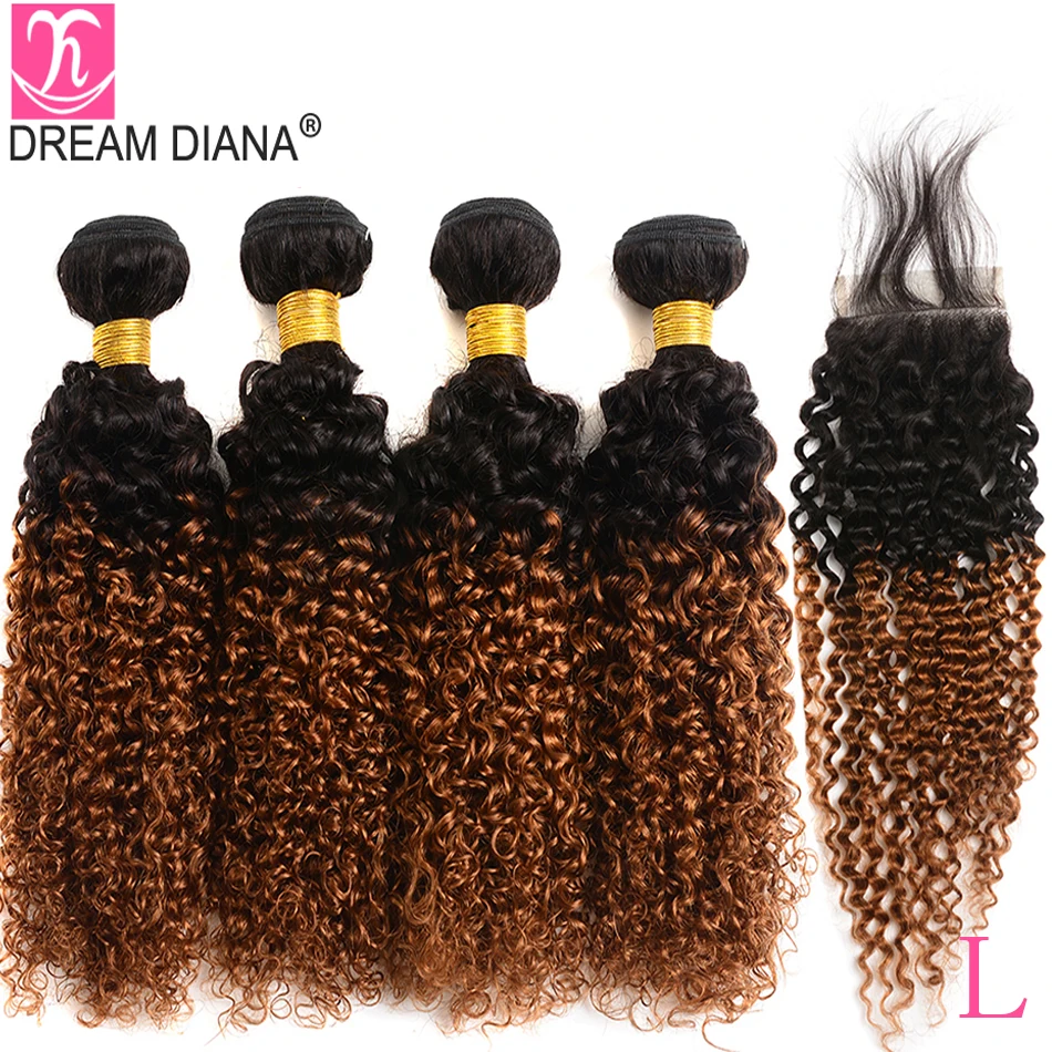 Mechones rizados brasileños DreamDiana Ombre con cierre, cabello Remy de Color con cierre, 100% cabello humano ombré con cierre