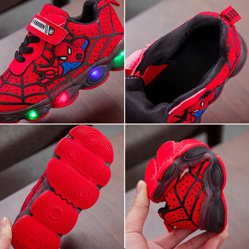 Scarpe luminose per bambini Disney primavera/estate Spider-Man ragazzi e ragazze scarpe da corsa scarpe sportive per bambini luci a LED a rete