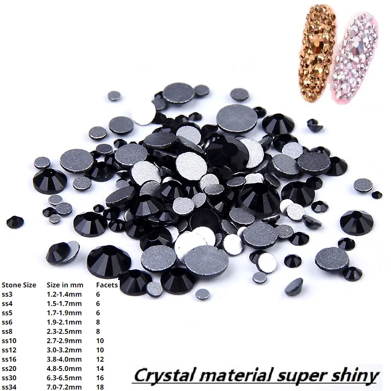 

Nail Rhinestones Non Hotfix Crystal Jet Black SS3-SS34 Flatback Round Glue On Glass Stones Crystals 3D Nail Art DIY Decoration