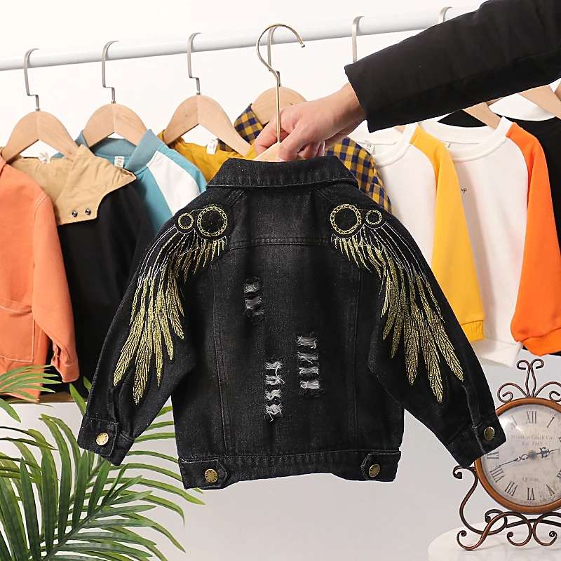 

Boys Denim Jacket 2023 Spring & Fall New Children's Westernized Wings Embroidered Coat Korean Kids Trendy Tops Outerwear X501