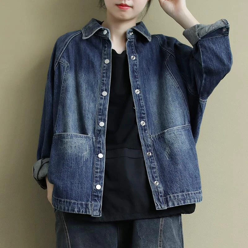 

New Arrival Spring Korea Fashion Women Long Sleeve Loose Denim Coat Double Pocket All-matched Casual vintage Jeans Jackets S819