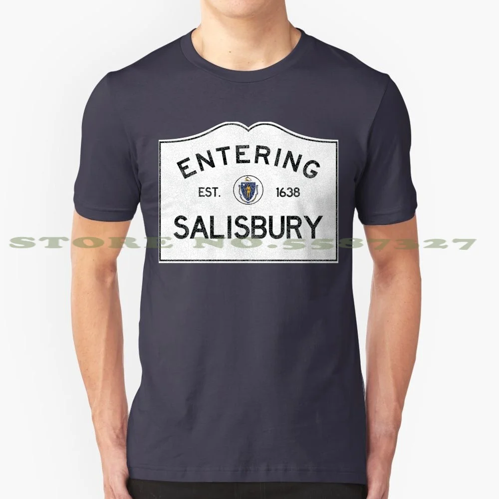 Entering Salisbury , Massachusetts Town Line Sign , Distressed Crackled To Silver Color Paint 100% Cotton T-Shirt Entering