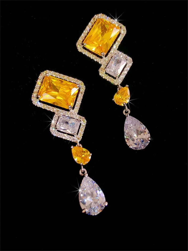 925 Needles Drop Earrings For Women Vintage Yellow Square Water Drop Cubic Zirconia Long Earring Temperament Fine Jewelry