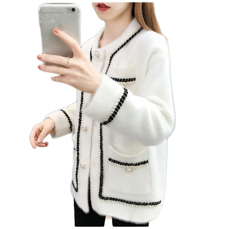 Short Jacket Women Shaggy Coat Autumn Cardigan Knit Sweater Female Tops Imitation Mink Velvet Single-Breasted Casual Outerwear