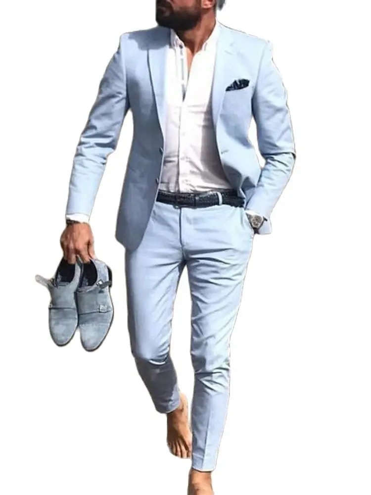 

Light Blue Coat Pants Men Suits 2pcs Blazer Business Casual High-quality Men's Suit Wedding Costume Blazer(Jacket+Pants+Tie)