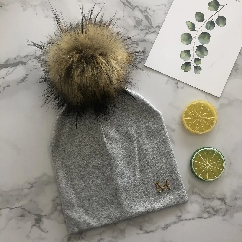 Autumn Winter Toddler Boy Girl Cotton Hat With Faux Fur Pompon For Kids Letter Baby Caps Bonnet