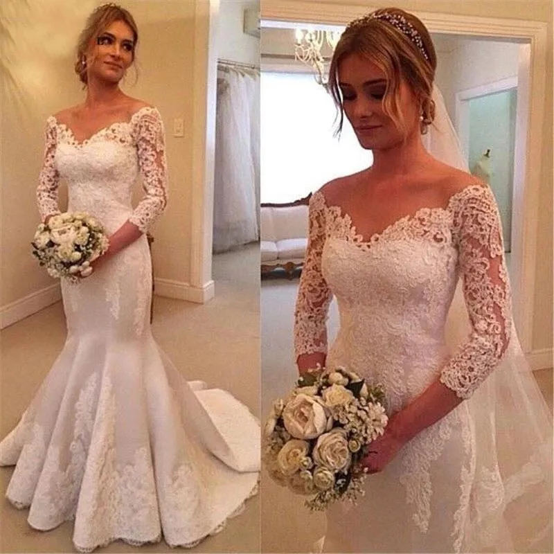 

V Neck Long Sleeves Mermaid Wedding Dresses Beading Lace Appliques Wedding Gown Custom Made Vestido De Noiva 100% Real Pictures