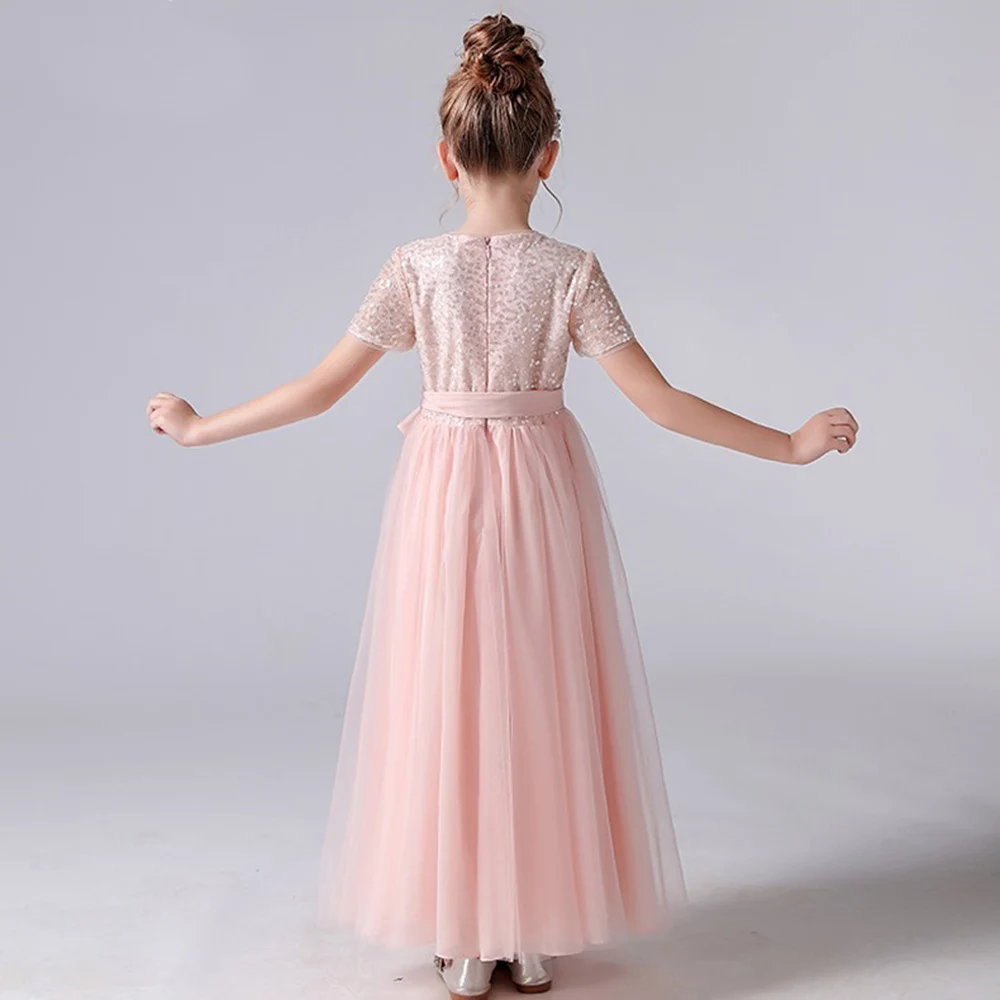 DIDEYTTAWL Pink Sequined Flower Girl Dresses Tulle Junior Bridesmaid Dress Kids Wedding Birthday Party Pageant Gowns