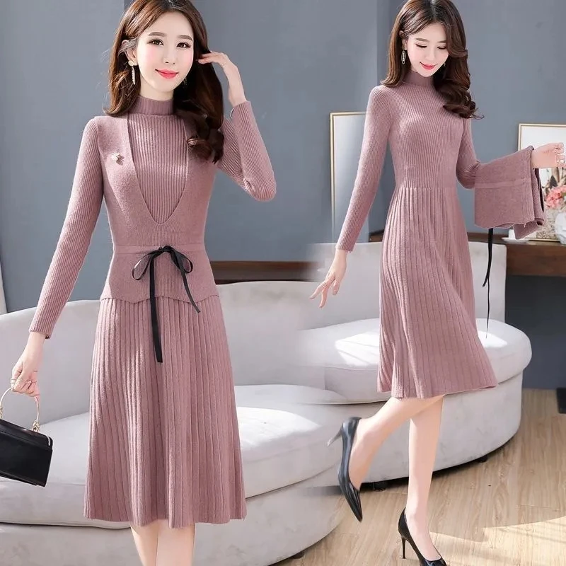 Office Lady Elegant Knitted Two Piece Dress Set Women Fall Fashion Turtleneck Sweater Dress And V Neck Knit Vest Female Suit