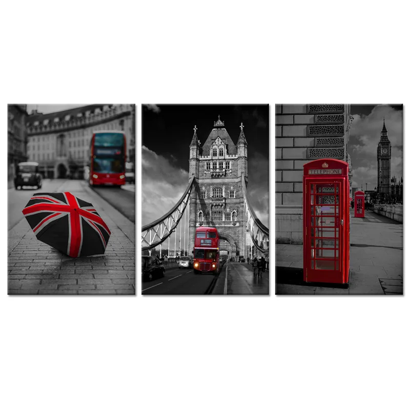 

3 Pieces Canvas Wall Art Black and White Red London Bus British Umbrella Telephone Box Picture Big Ben Modern Home Decor