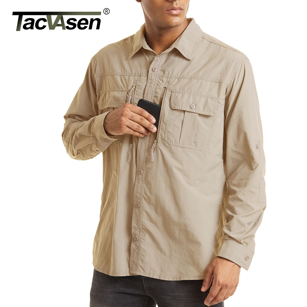 TACVASEN With 2 Chest Zipper Pockets Tactical Shirt Men\'s Quick Drying Skin Protective Long Sleeve Shirt Team Work Tops Outdoor