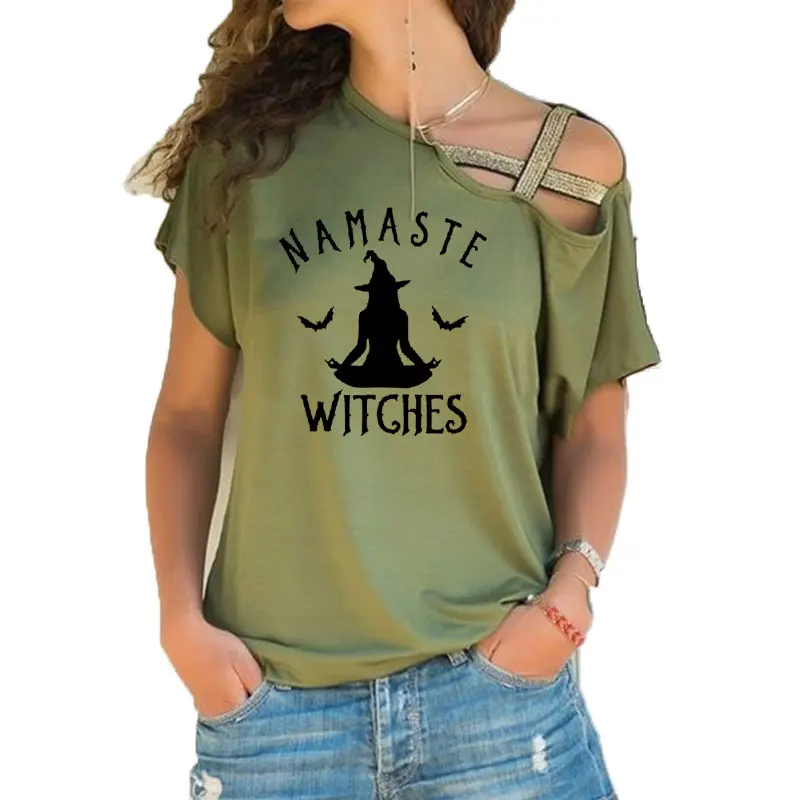 Namaste Witches T-shirt Halloween Funny Gift Tshirt Women Fashion Meditate Spooky Bat T Shirts Irregular Skew Cross Bandage Tops