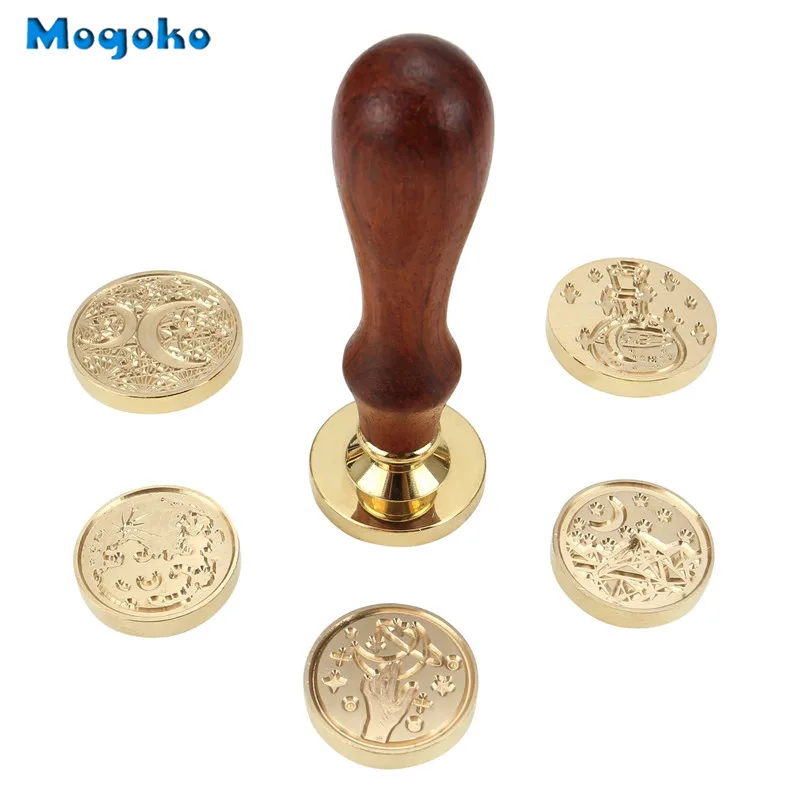 Mogoko New Moon and Star Wax Seal Stamp 6pcs Sealing Wax Stamps&1 Wooden Handle for Wedding Custom Invitations Letters Envelope