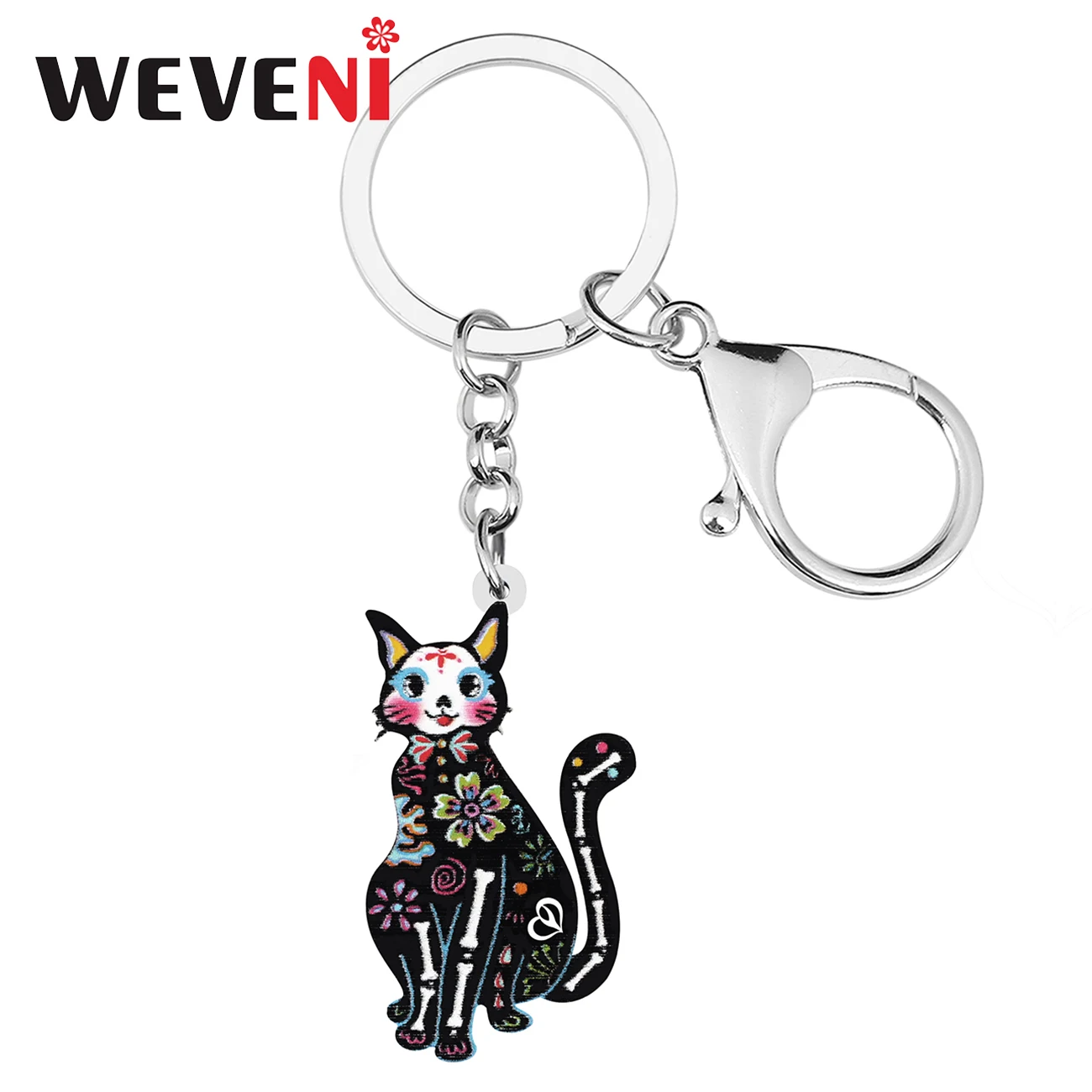 WEVENI Acrylic Halloween Sweet Flowers Skull Skeleton Sitting Cat Keychains Fashion Key Ring Charm Gifts Jewelry For Women Girl