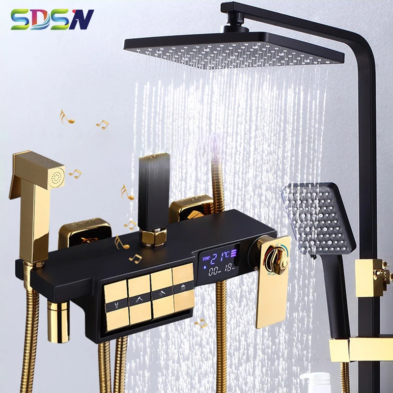 

Piano Digital Bathroom Shower Set SDSN Solid Brass Black Gold Thermostatic Shower Faucet Luxury Black Gold Pianoforte Shower Set