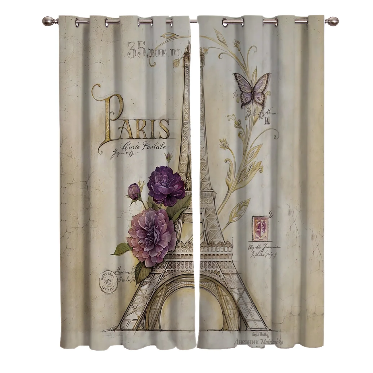 Vintage Paris Tower Butterfly Room Curtains Window Curtains Bathroom Kitchen Decor Print Kids Room Curtain Window Treatment