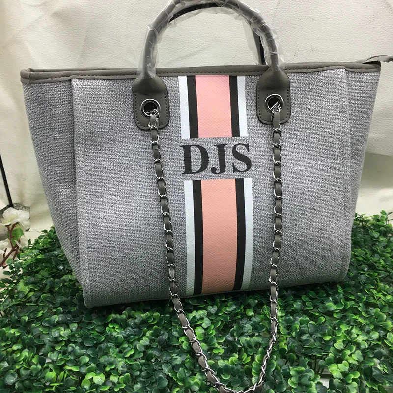 Monogram Tote Bag Canvas Customised Grey Chain Handbag Personalised White Stripe Initials Beach Holiday Women mini tote bags