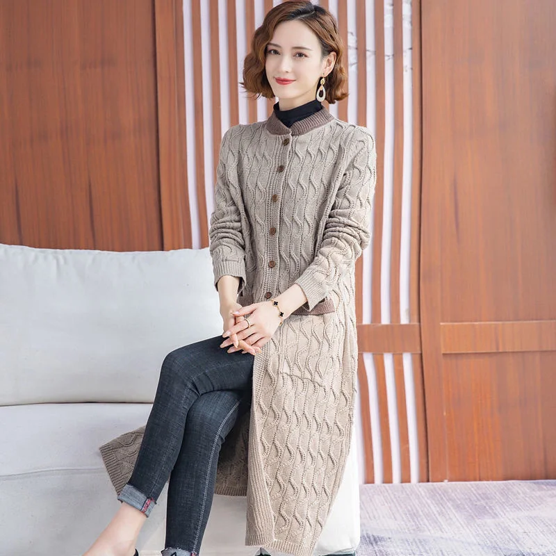 Women Winter Mid-length Sweater Loose Jacket2021Female Spring Autumn Round Neck Single-breasted Knitted Cardigan Sweater Coat406