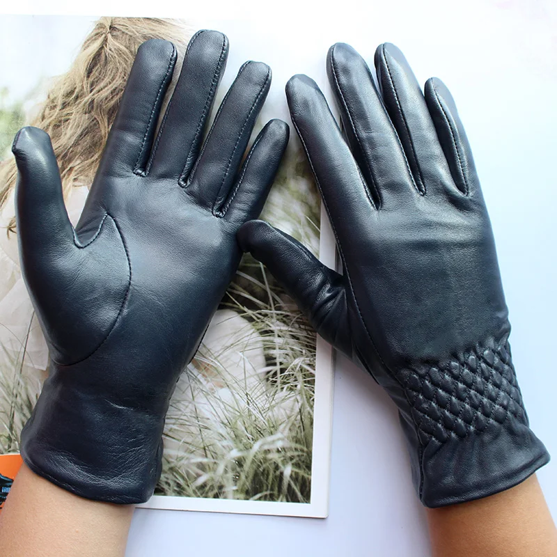 Gants en peau de mouton avec écran tactile, doublure en velours, pour femme, broderie à la mode, hiver, froid et chaud, en cuir