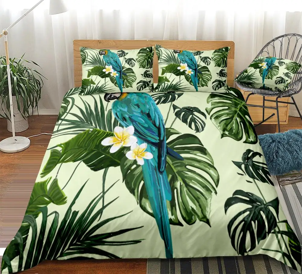 Parrot Bedding Set  Palm Leaves Bed Linen Bird Duvet Cover Set Kid Teens Home Textile  Tropic Plant Bed Set  Splash Ink Bedcloth