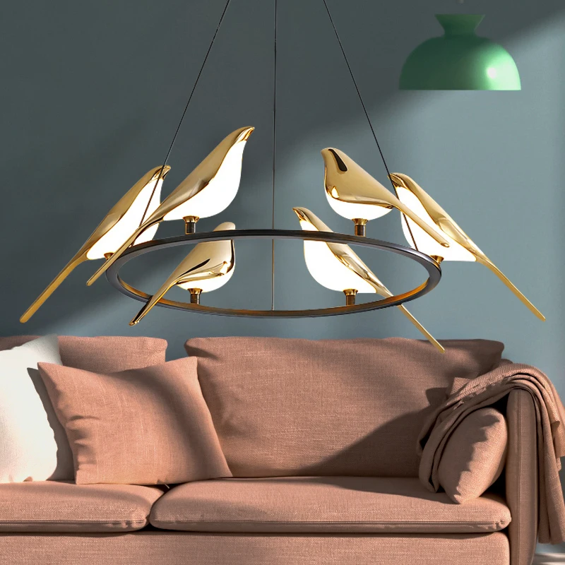 

Postmodernism Loft Livingroom Restaurant LED Pendent Lights Art Gold Magpie Bird Home Decoration Pendent Luminaire Suspension