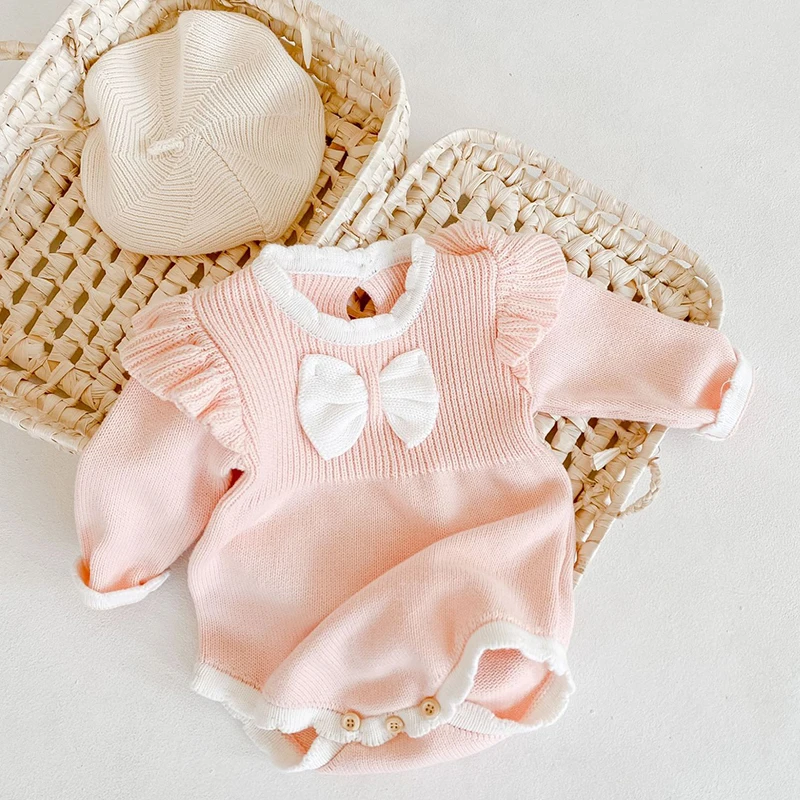 Newborn Rompe Toddler Baby Girl Knitt Romper Princess Bow Autumn Winter Infant Baby Girls Jumpsuit Baby Girls Knitting Clothes