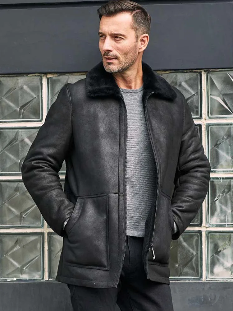 Denny&Dora New Mens Shearling Coat Long Lapel Winter Overcoat Natural Sheepskin Fur Outerwear Black Leather Jacket