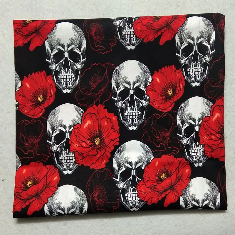 50x105cm Blooming Red Rose Flower Skull Printed Cotton Fabric Floral Skull Fabric Patchwork Cloth Dress Home Deco