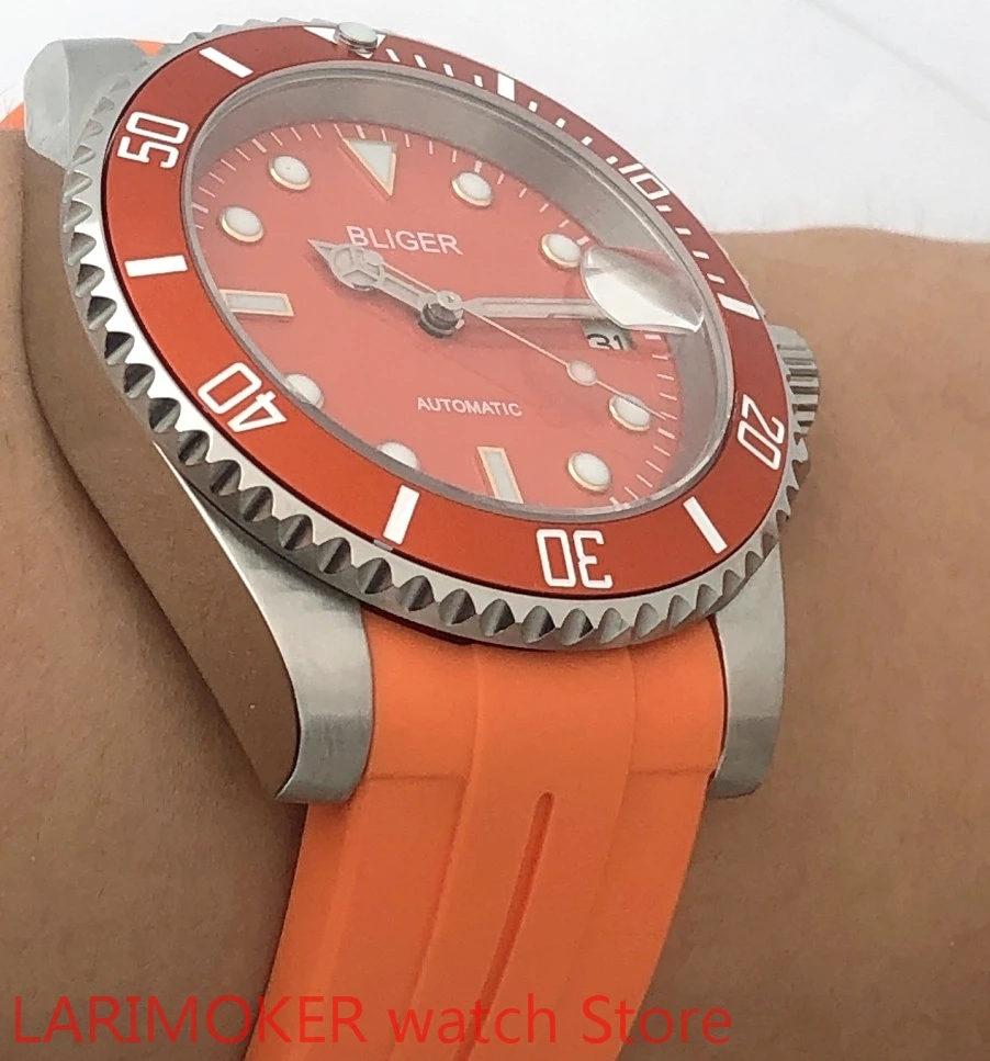 40mm men's diving watch NH35 movement sapphire glass orange dial bezel rubber strap