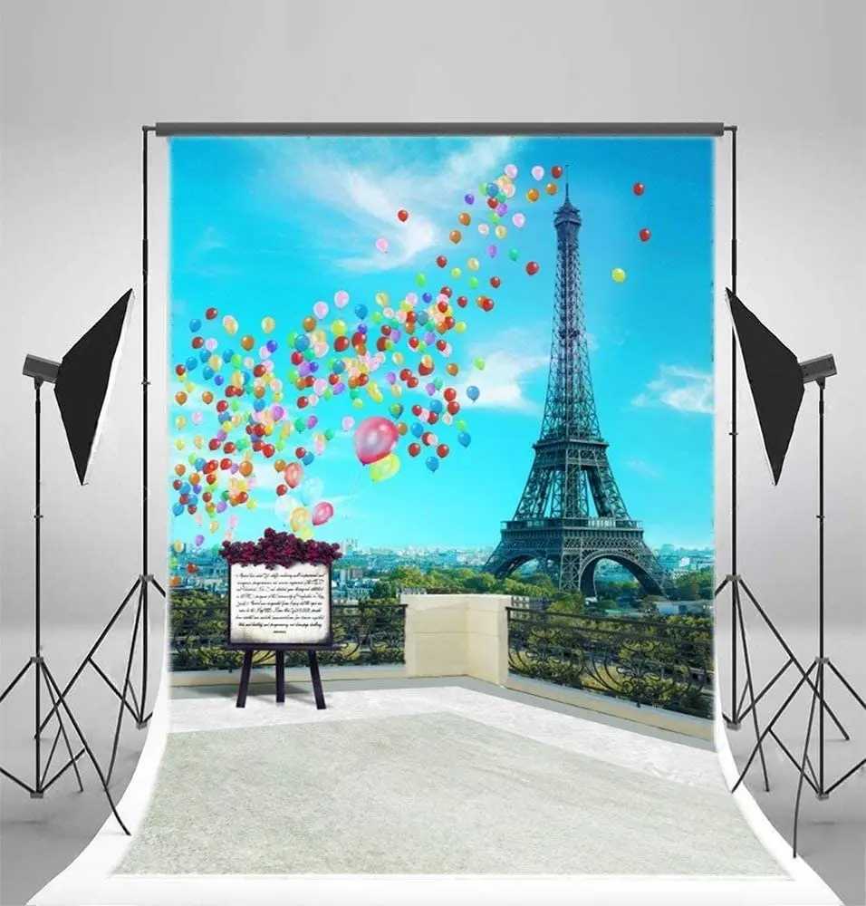 Photography Backdrop Romantic Paris Eiffel Tower Scenery Balloons Banner For Interior Decor Background Portrait Shooting Props