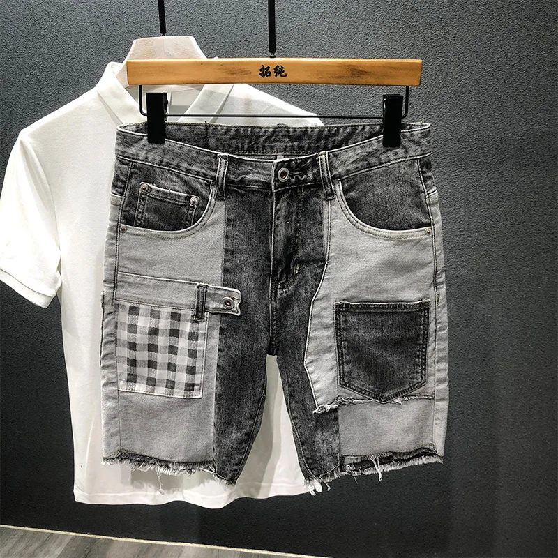 Summer Gray Denim Shorts Knee Length Patchwork Lattice Pocket Design Stitching Hip-hop Street Self-cultivation Jeans Shorts