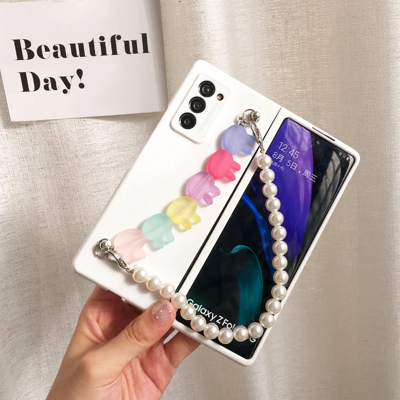 Top Quality Girl Fashion Cute Candy Bunny Bracelet Case Cover For Samsung Galaxy Z Fold 6 5 4 2 3 5G Pearl Hand Chain Back Cover