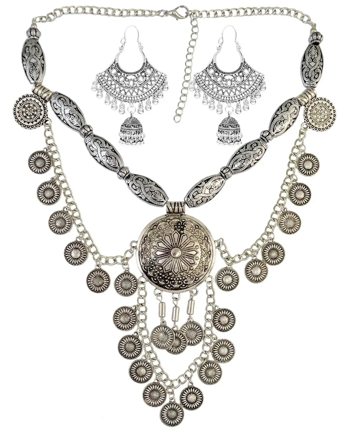 Boho étnico grande gargantilha colar & brincos conjunto feminino cor vintage maxi colar pingente feminino grande collier moeda colar jewe