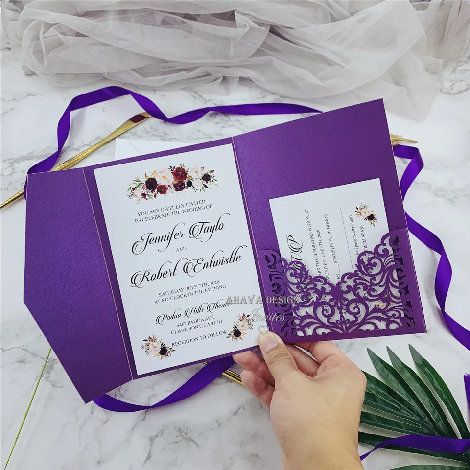 Graceful Purple Laser Cut Warp With Special Belly Band, Respond Card And Customized Insert