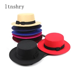 New artificial wool Jazz Felt Flat Top Hat Autumn Winter For Women's Felt Wide Brim Fedora Hat gorros mujer invierno Top Hat