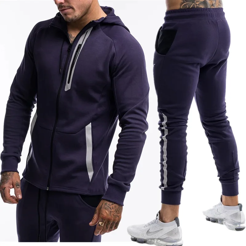 Spring Autumn Fashion Men Cotton Reflective Tracksuits Youth Leisure Zipper Fitness Running Men's Two-piece Hooded Suit Outdoor