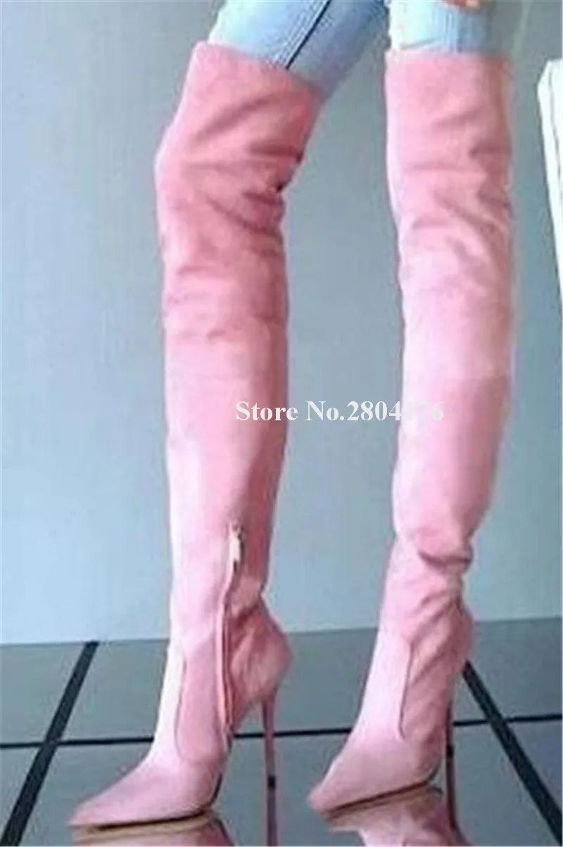 

Fashion Women Pointed Toe Suede Leather Stiletto Heel Over Knee Boots Pink Black White Thigh Long High Heel Boots Club Boots