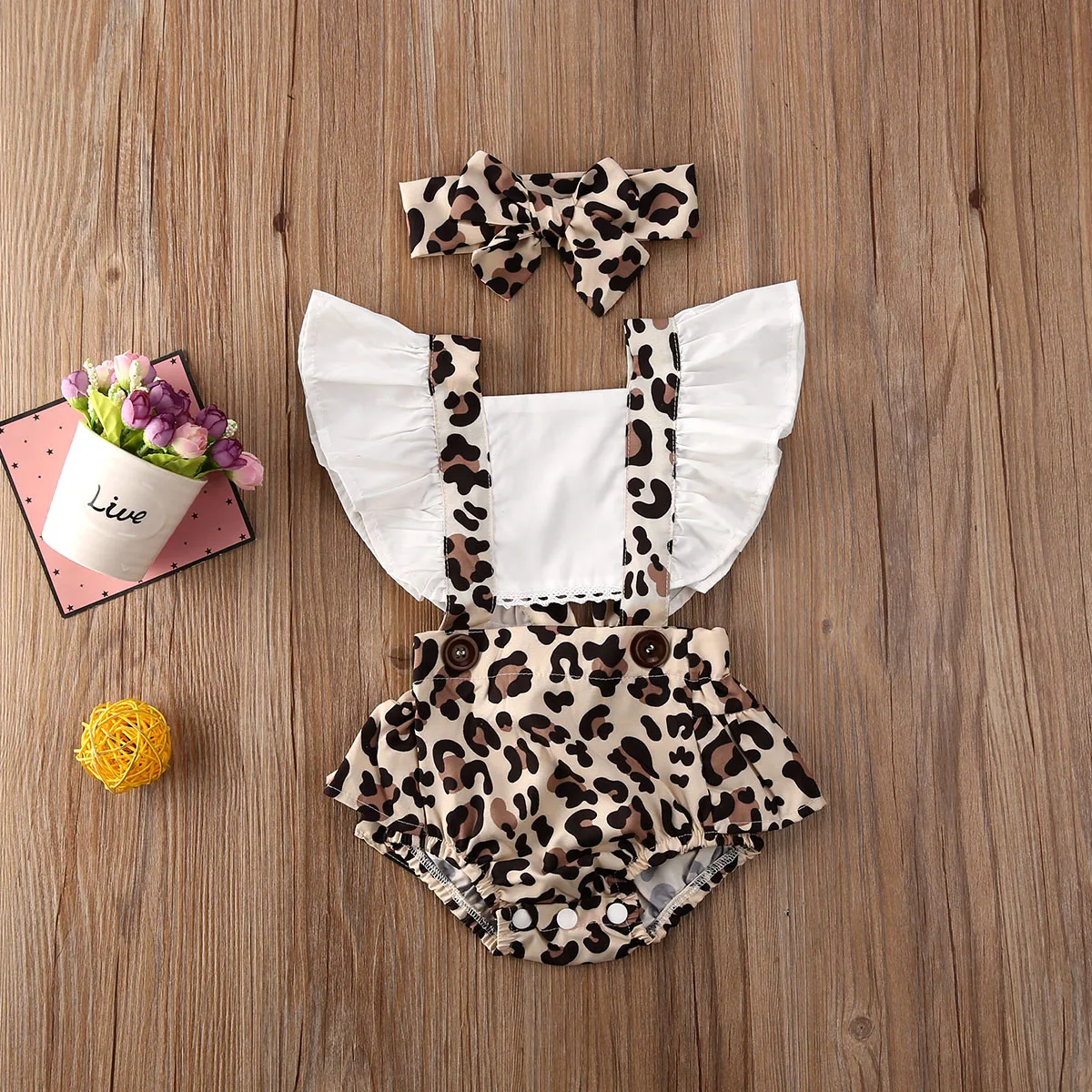 Newborn Baby Girl Two-piece Outfit Clothes Leopard Ruffle Summer Cute Romper Casual Buttons Jumpsuit for 0-24M Baby Clothing