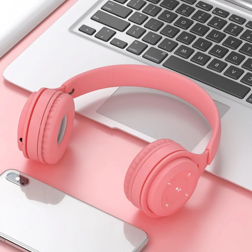 Cuffie senza fili Macaron colore Hifi musica accoppiamento automatico auricolari Bluetooth 5.0 possono inserire TF Card blu rosa giallo cuffie